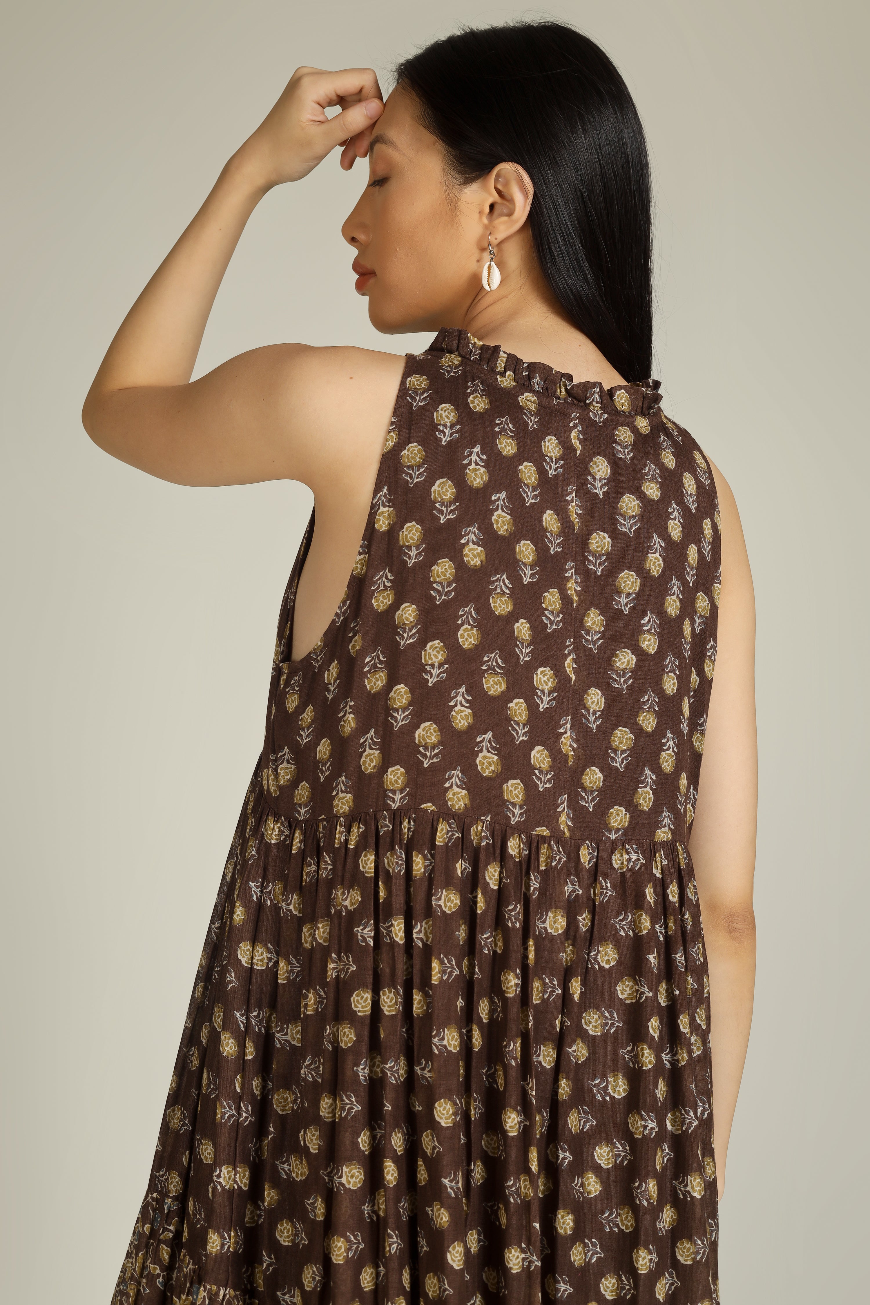 Brown Printed Ruffled Collar Dress