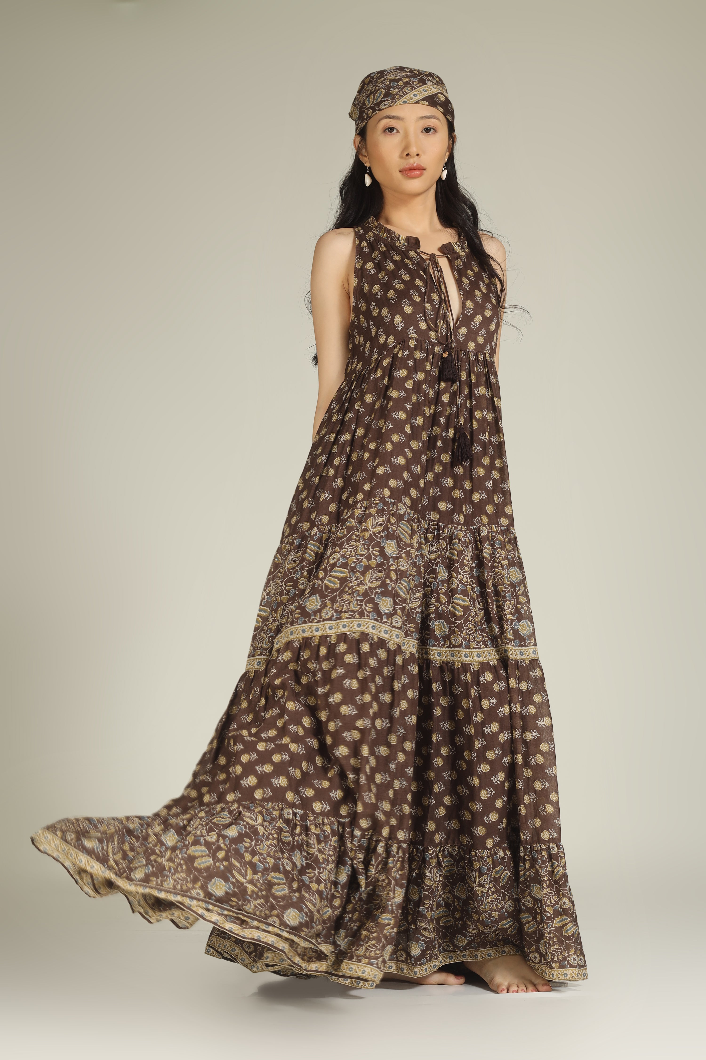 Brown Printed Ruffled Collar Dress