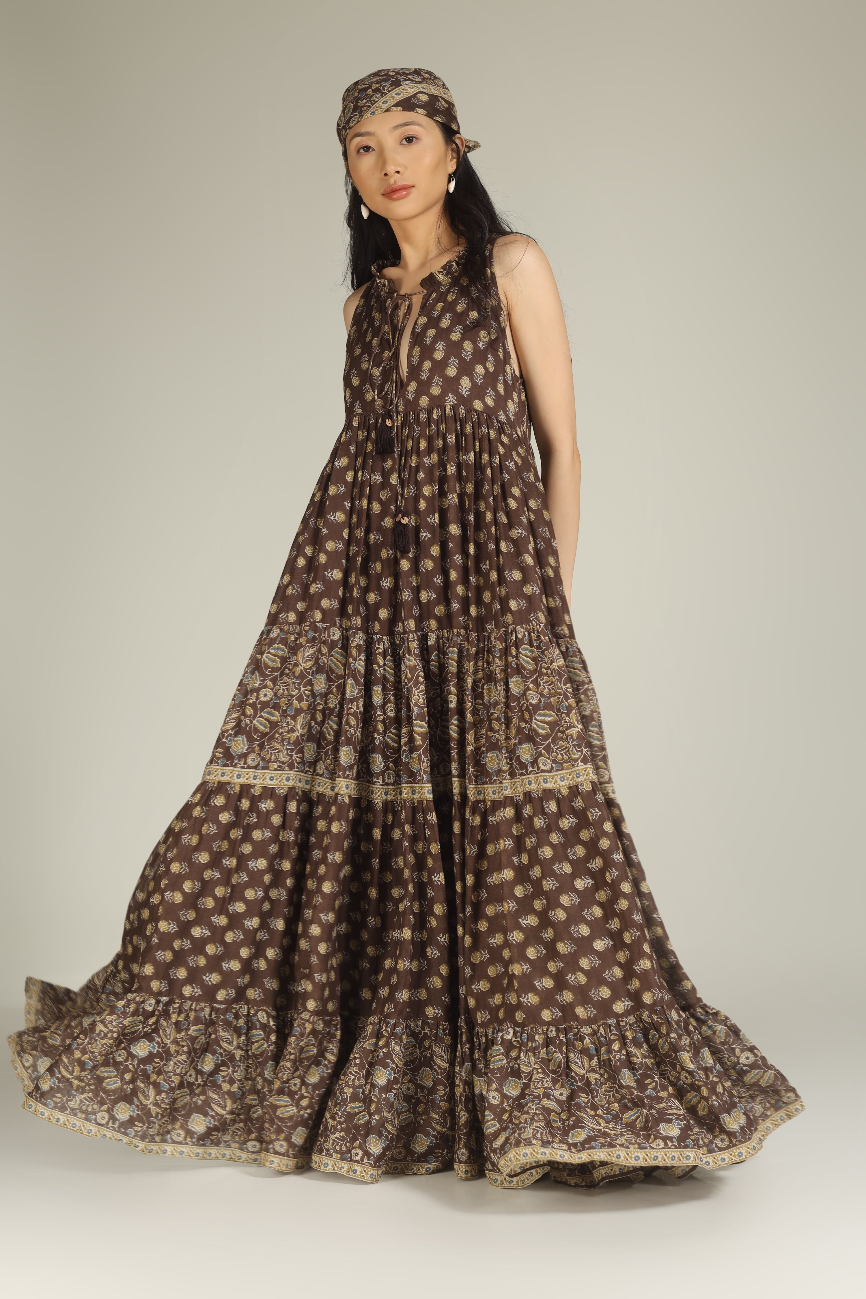 Brown Printed Ruffled Collar Dress