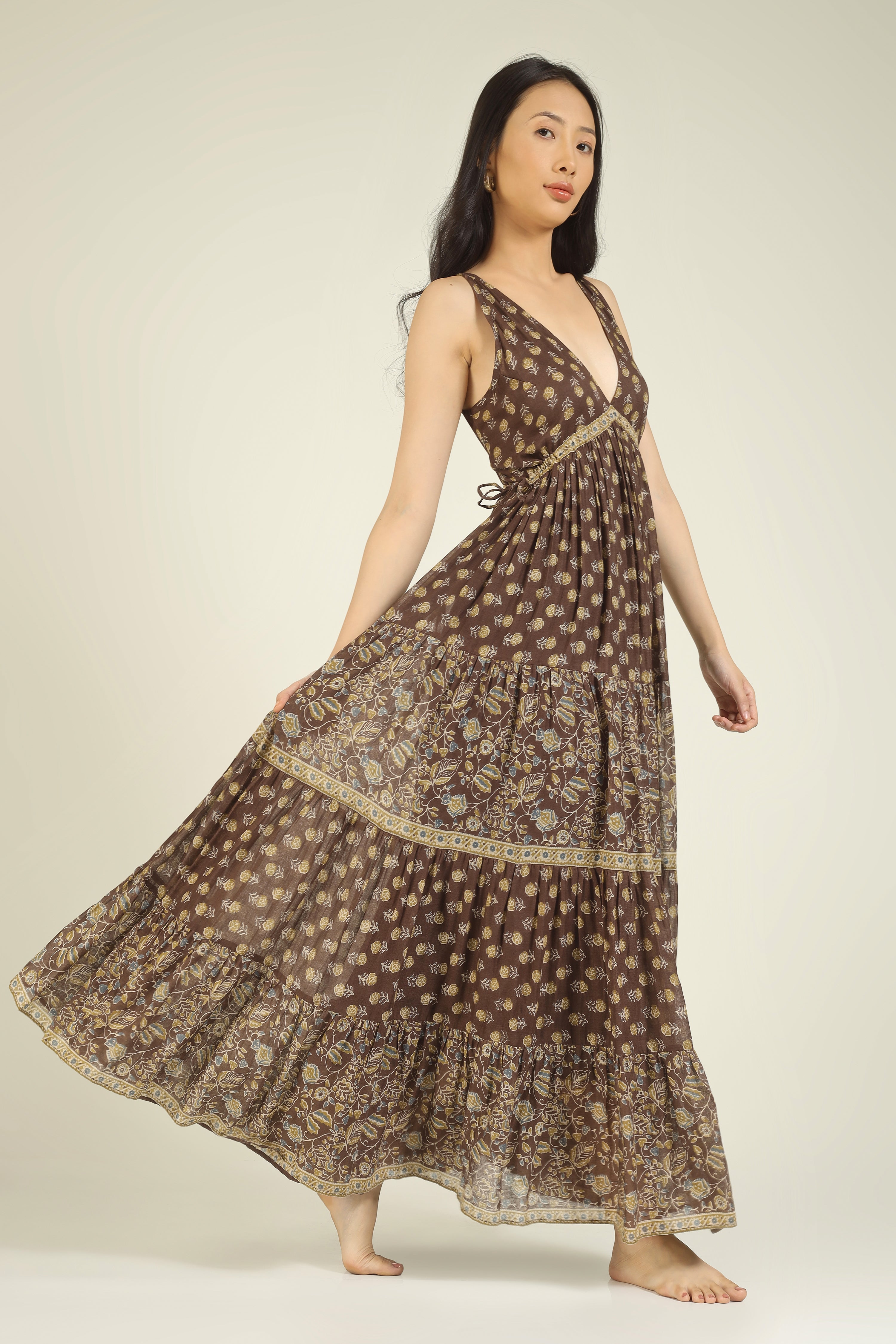 Brown Printed Side Tieable Dress