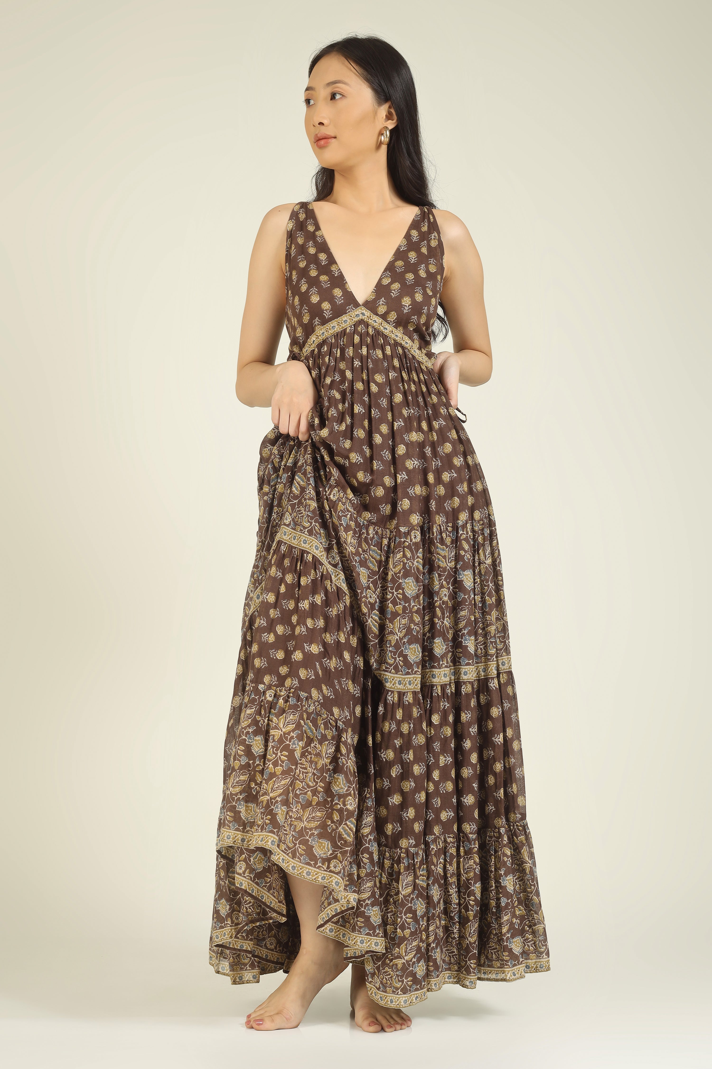 Brown Printed Side Tieable Dress